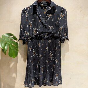 VINTAGE BLACK FLORAL PLEATED MINI BUTTON UP COLLARED FLARED SHIRT DRESS - SMALL